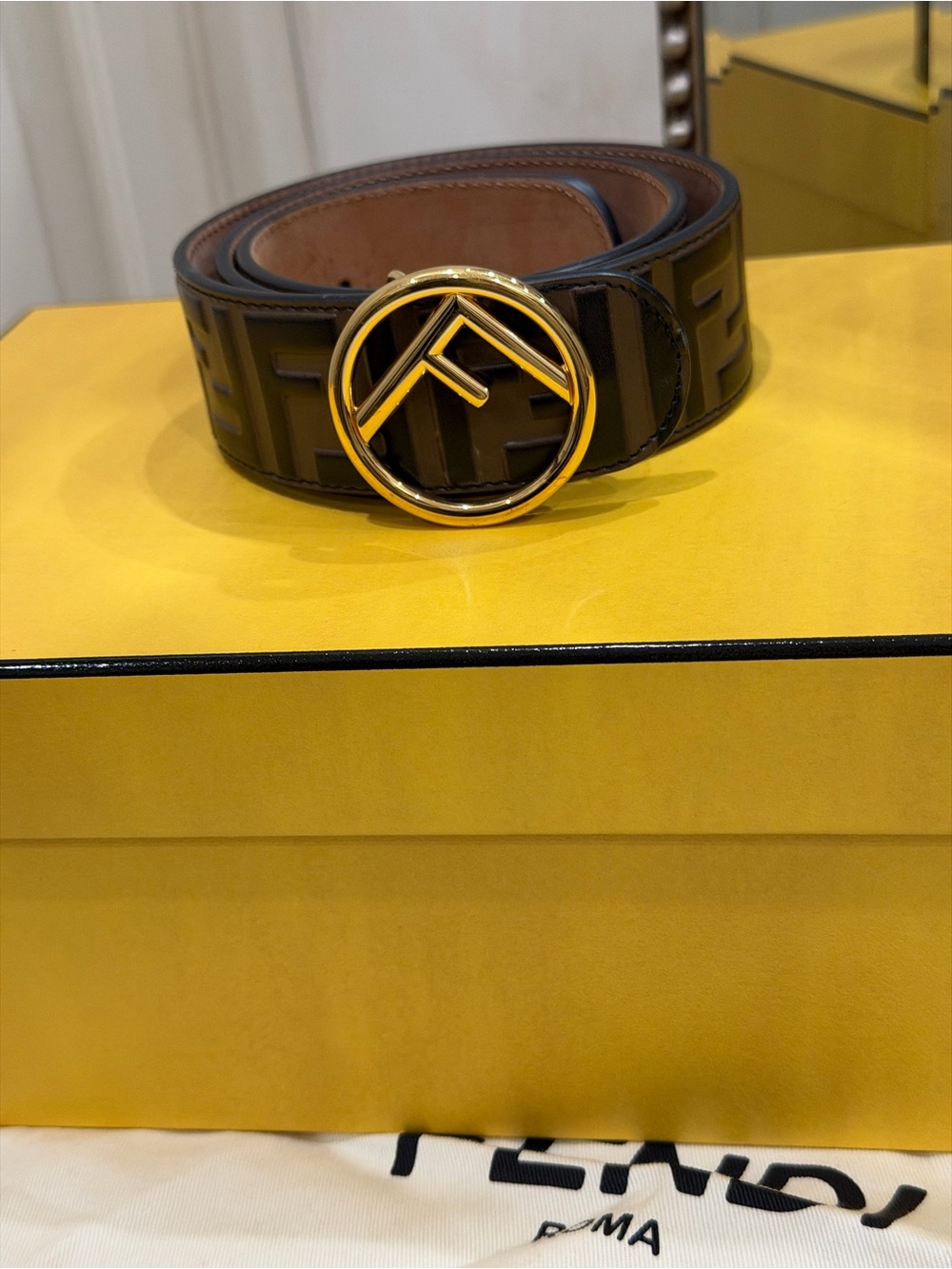 Fendi Black Brown Embossed Leather Belt with Gold Logo Buckle